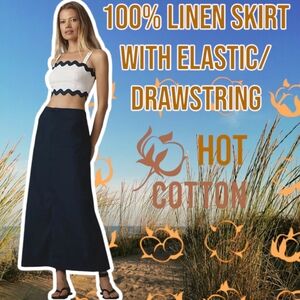 HOT COTTON Trending 100% Black Linen Maxi Skirt Elastic Waist Pleated Trim Lg XL